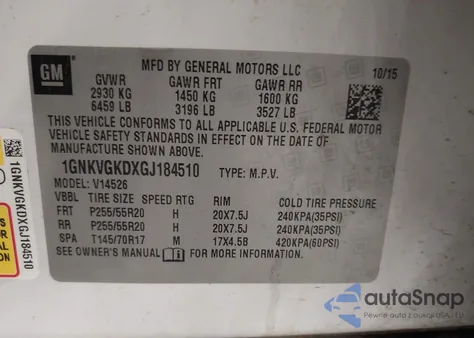 2016 Chevrolet Traverse 1Lt из США, поврежденный, VIN 1GNKVGKDXGJ184510